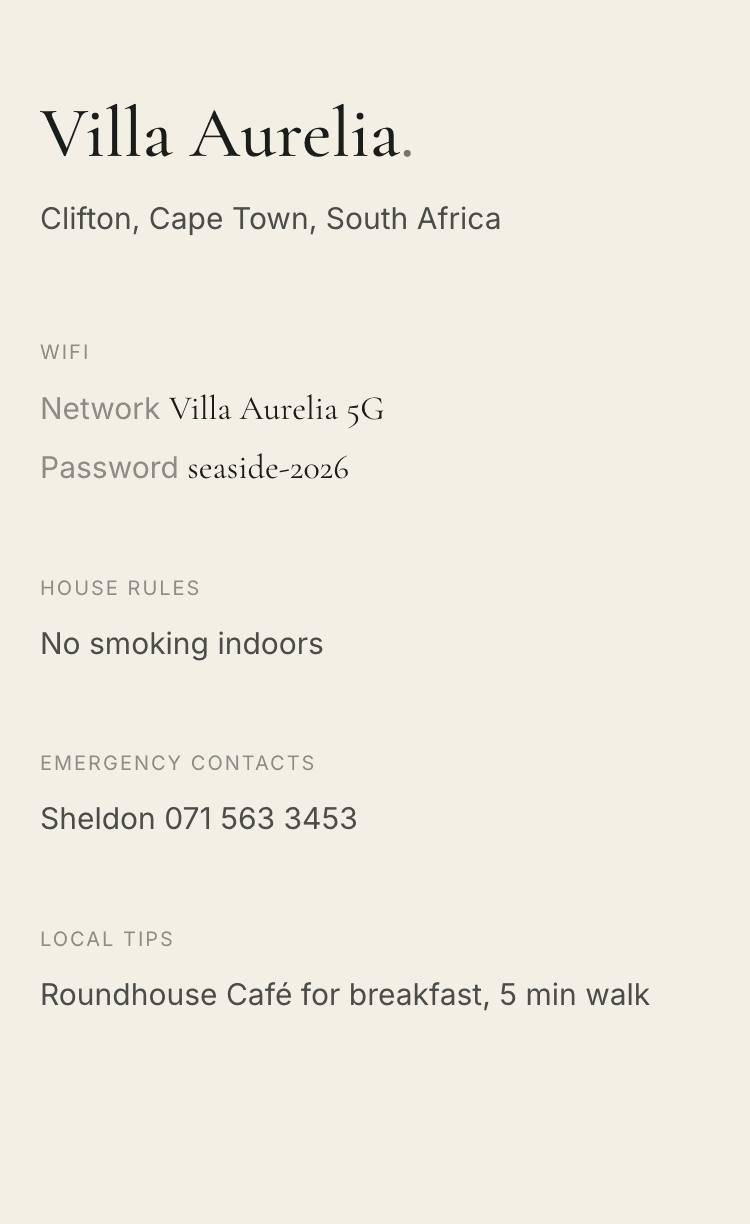 Mobile guest welcome pack listing WiFi details, house rules, emergency contacts and local tips.