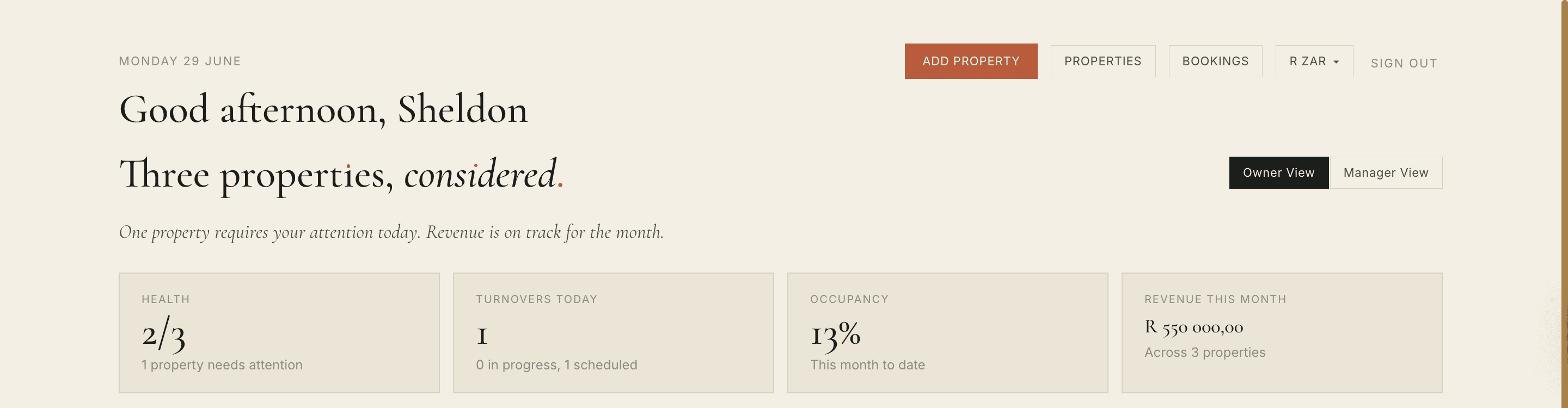 Dashboard KPI cards for property health, turnovers today, occupancy and revenue this month.