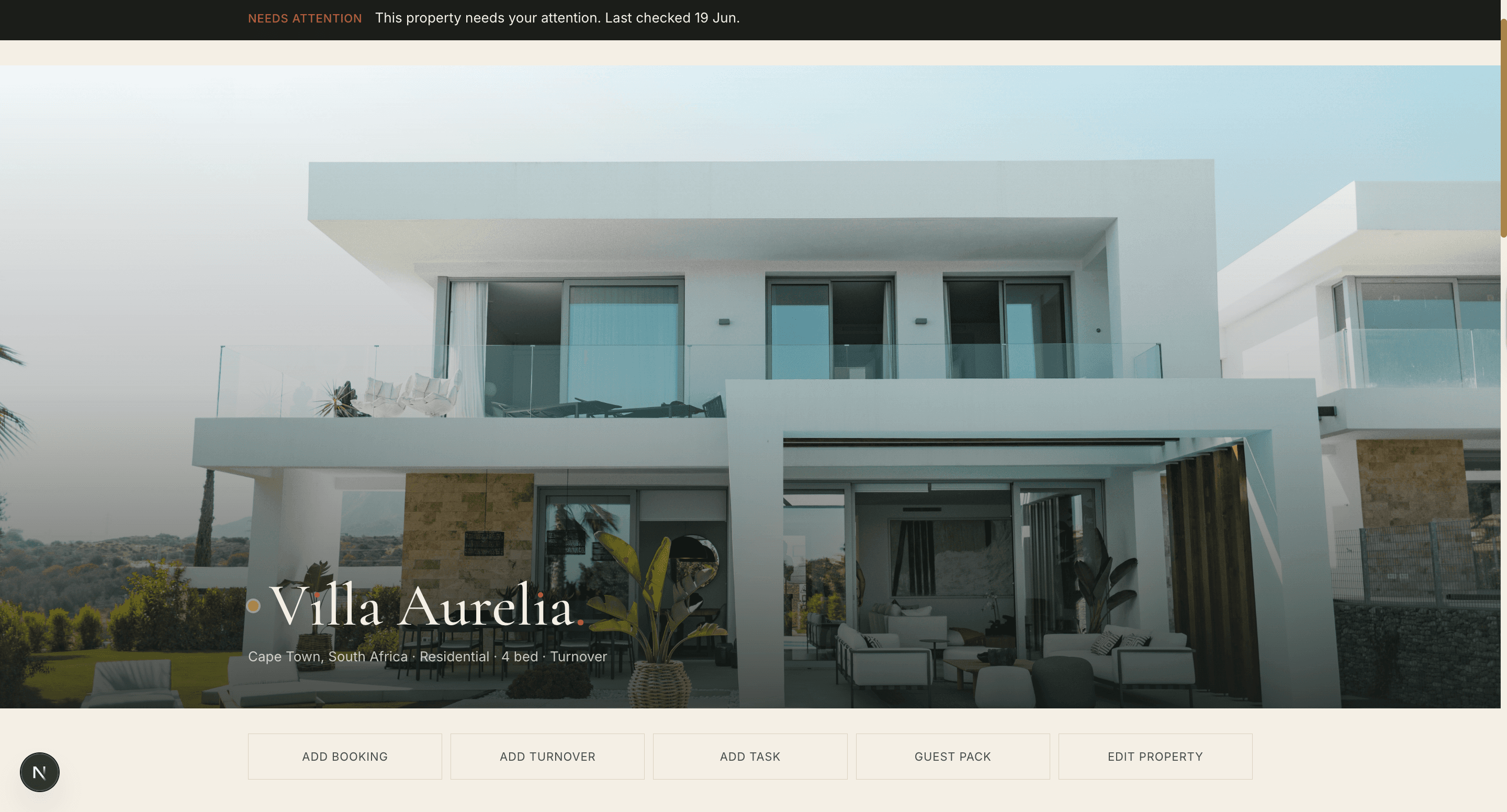 Property detail page for Villa Aurelia with a hero image and quick actions for bookings, turnovers and tasks.